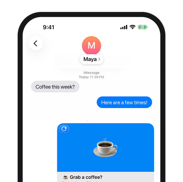 An iMessage thread with an Availability card that says Grab a coffee?